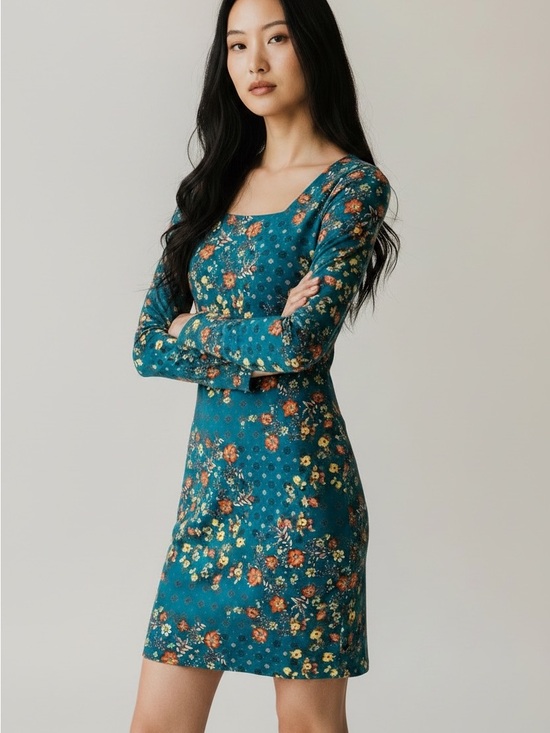 Mudd Dresses & Skirts - Mudd, Teal  Vibrant Floral Long Sleeve‎ Dress size Large